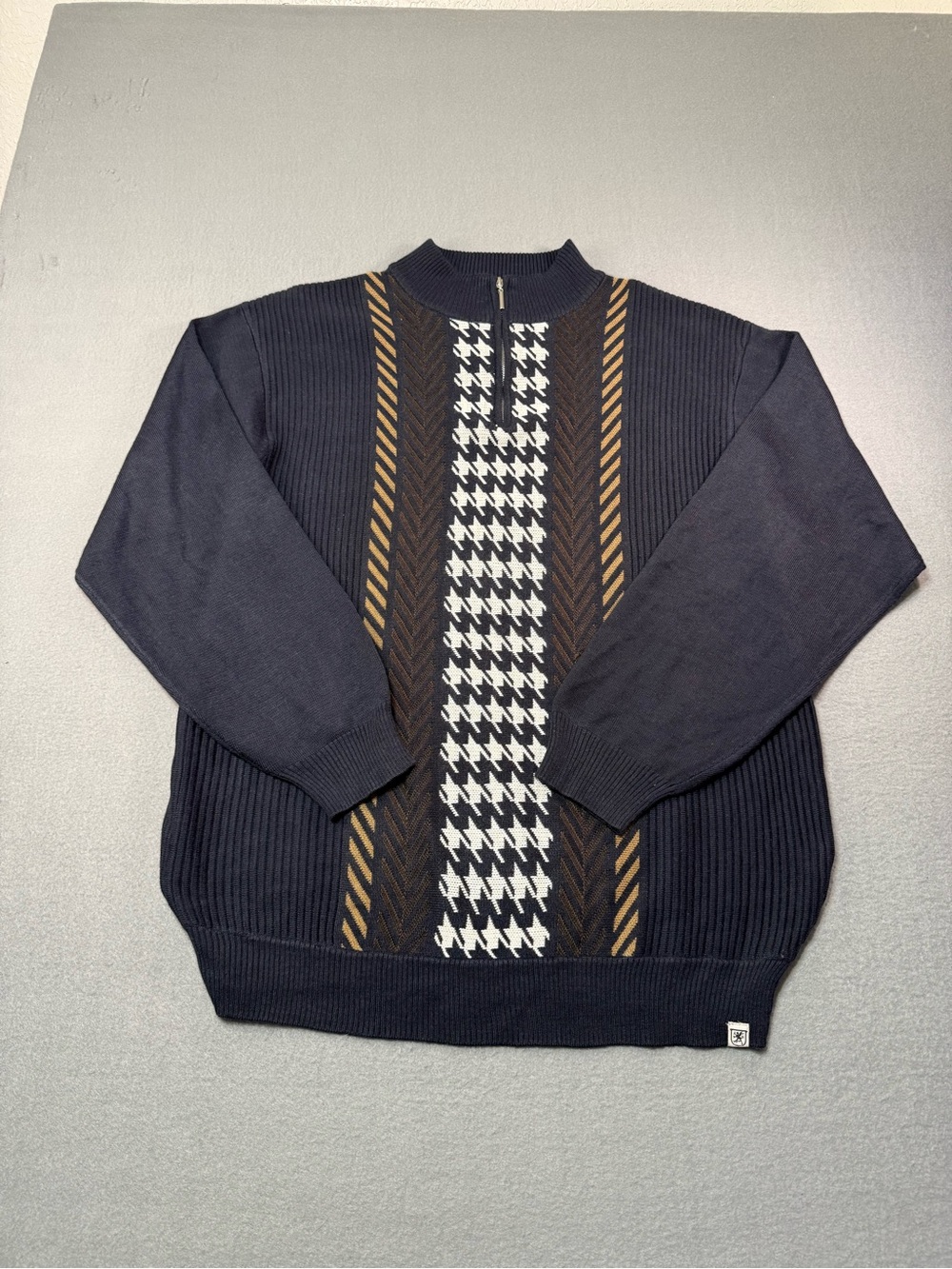 Stacy Adams Men's 2XLT Navy 1/4 Zip Mock Neck Houndstooth Knit Sweater